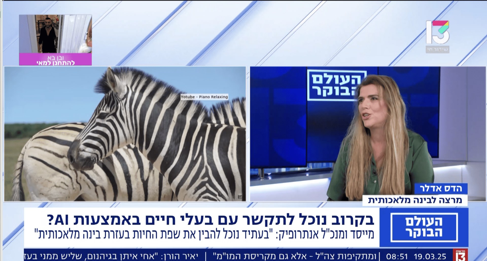 הדס אדלר בתוכנית הבוקר של רשת 13: לדבר עם דולפינים? על AI ושפת בעלי חיים